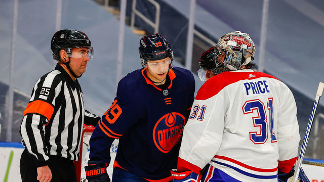 EDMONTON, AB - APRIL 19: Montreal Canadiens Goalie Carey Price (31) has words for Edmonton Oilers Right Wing Alex Chiasson (39) in the first period during the Edmonton Oilers game versus the Montreal Canadians on APRIL 19, 2021 at Rogers Place in Edmonton, AB.
