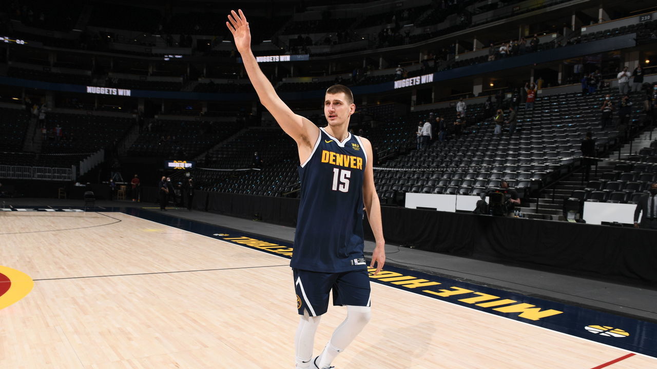 DENVER, CO - APRIL 19: Nikola Jokic #15 of the Denver Nuggets waves to fans after a game against the Memphis Grizzlies on April 19, 2021 at the Ball Arena in Denver, Colorado. NOTE TO USER: User expressly acknowledges and agrees that, by downloading and/or using this Photograph, user is consenting to the terms and conditions of the Getty Images License Agreement. Mandatory Copyright Notice: Copyright 2021 NBAE