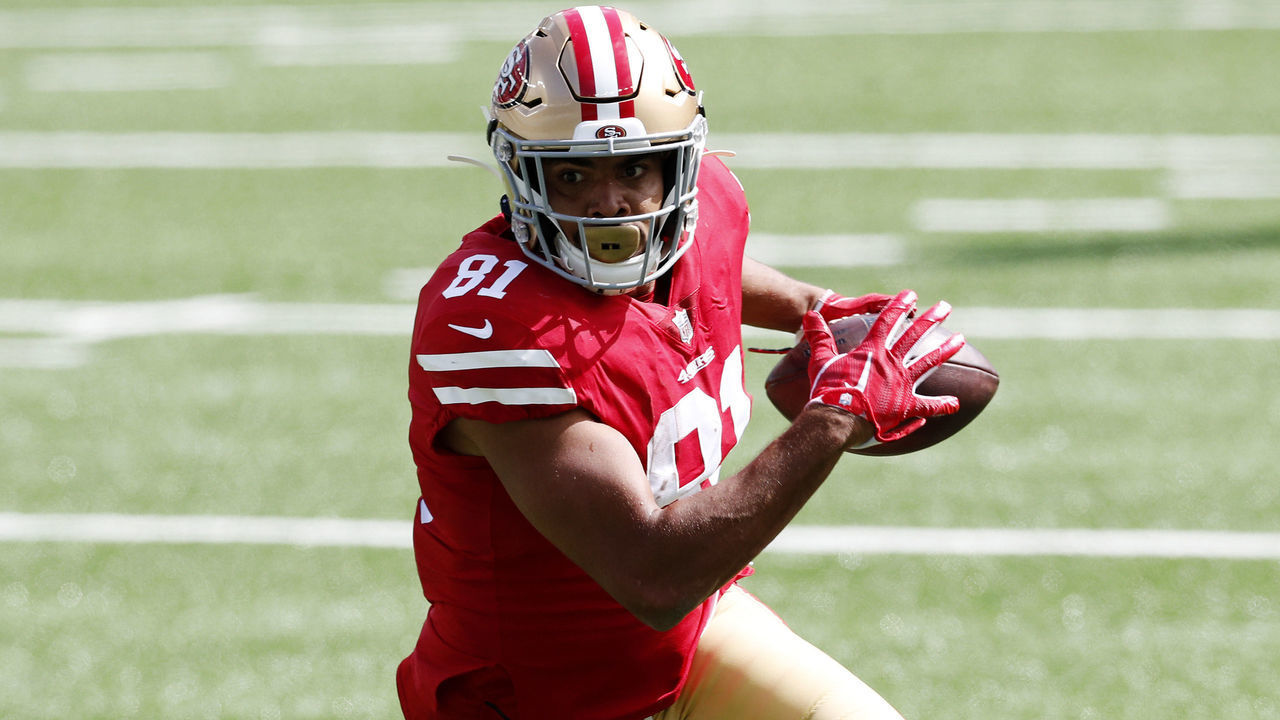 EAST RUTHERFORD, NEW JERSEY - SEPTEMBER 20: (NEW YORK DAILIES OUT) Jordan Reed #81 of the San Francisco 49ers in action against the New York Jets at MetLife Stadium on September 20, 2020 in East Rutherford, New Jersey. The 49ers defeated the Jets 31-13.