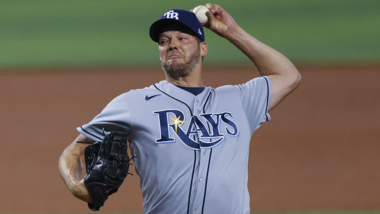 MIAMI, FLORIDA - APRIL 03: Rich Hill #14 of the Tampa Bay Raysdelivers a pitch in the first inning against the Miami Marlins at loanDepot park on April 03, 2021 in Miami, Florida.