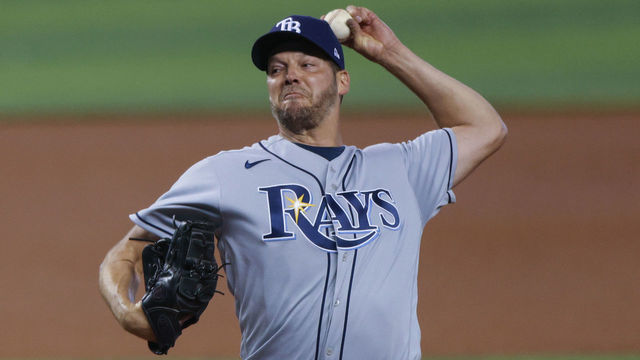 MIAMI, FLORIDA - APRIL 03: Rich Hill #14 of the Tampa Bay Raysdelivers a pitch in the first inning against the Miami Marlins at loanDepot park on April 03, 2021 in Miami, Florida.