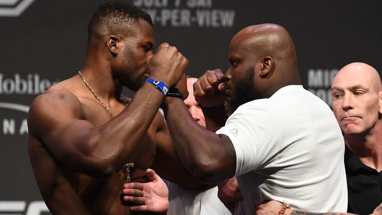 LAS VEGAS, NV - JULY 06: (L-R) Opponents Francis Ngannou of Cameroon and Derrick Lewis face off during the UFC 226 weigh-in inside T-Mobile Arena on July 6, 2018 in Las Vegas, Nevada.