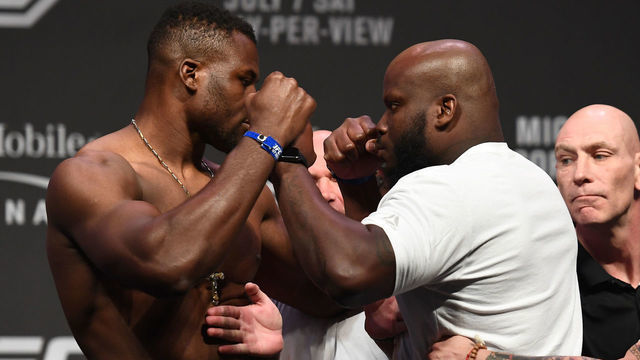 LAS VEGAS, NV - JULY 06: (L-R) Opponents Francis Ngannou of Cameroon and Derrick Lewis face off during the UFC 226 weigh-in inside T-Mobile Arena on July 6, 2018 in Las Vegas, Nevada.