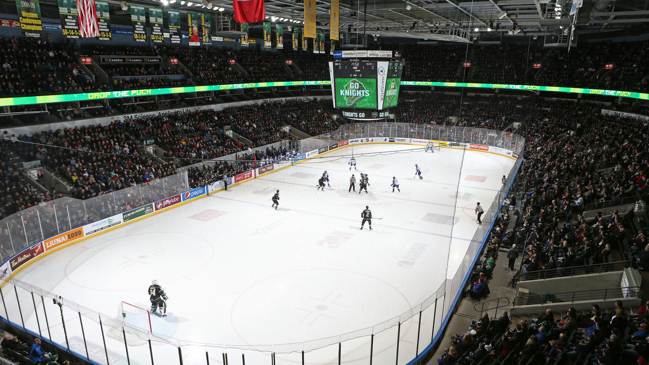 LONDON, ON - JANUARY 6: A general view of action between the Sudbury Wolves and the London Knights in an OHL game at Budweiser Gardens on January 6, 2017 in London, Ontario, Canada. The Knights defeated the Wolves 5-4 in overtime.