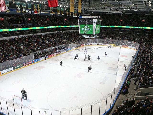 LONDON, ON - JANUARY 6: A general view of action between the Sudbury Wolves and the London Knights in an OHL game at Budweiser Gardens on January 6, 2017 in London, Ontario, Canada. The Knights defeated the Wolves 5-4 in overtime.