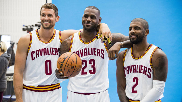 CLEVELAND, OH - SEPTEMBER 26: Kevin Love #0, LeBron James #23 and Kyrie Irving #2 during media day at Cleveland Clinic Courts on September 26, 2016 in Cleveland, Ohio. NOTE TO USER: User expressly acknowledges and agrees that, by downloading and/or using this photograph, user is consenting to the terms and conditions of the Getty Images License Agreement. Mandatory copyright notice.