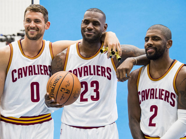 CLEVELAND, OH - SEPTEMBER 26: Kevin Love #0, LeBron James #23 and Kyrie Irving #2 during media day at Cleveland Clinic Courts on September 26, 2016 in Cleveland, Ohio. NOTE TO USER: User expressly acknowledges and agrees that, by downloading and/or using this photograph, user is consenting to the terms and conditions of the Getty Images License Agreement. Mandatory copyright notice.