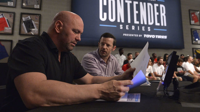 LAS VEGAS, NV - AUGUST 29: UFC President Dana White and UFC matchmaker Sean Shelby sit Octagonside during Dana White's Tuesday Night Contender Series at the TUF Gym on August 29, 2017 in Las Vegas, Nevada.