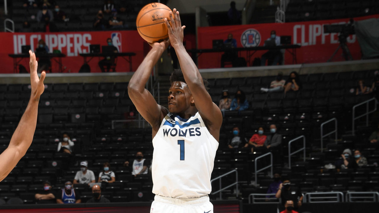 LOS ANGELES, CA - APRIL 18: Anthony Edwards #1 of the Minnesota Timberwolves shoots a three point basket during the game against the LA Clippers on April 18, 2021 at STAPLES Center in Los Angeles, California. NOTE TO USER: User expressly acknowledges and agrees that, by downloading and/or using this Photograph, user is consenting to the terms and conditions of the Getty Images License Agreement. Mandatory Copyright Notice: Copyright 2021 NBAE
