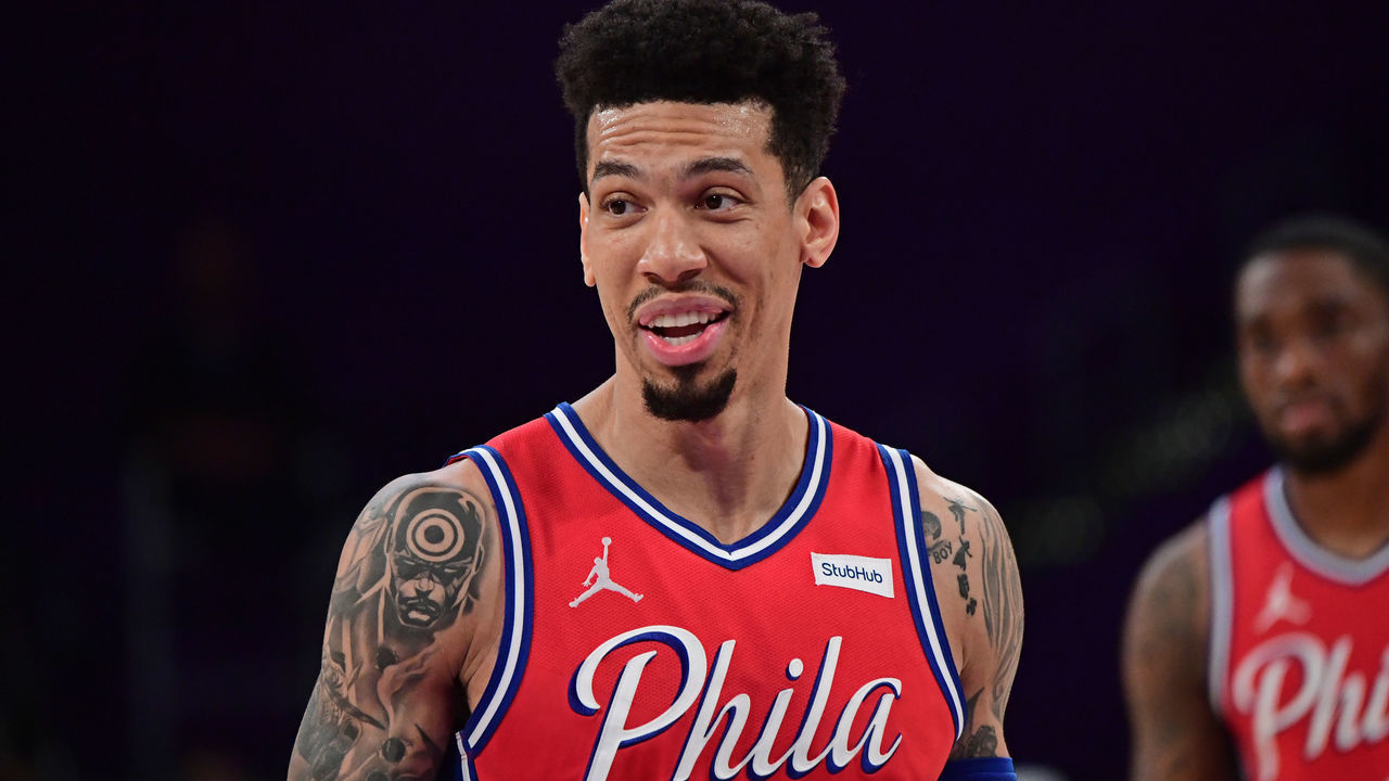 LOS ANGELES, CA - MARCH 25: Danny Green #14 of the Philadelphia 76ers smiles against the Los Angeles Lakers on March 25, 2021 at STAPLES Center in Los Angeles, California. NOTE TO USER: User expressly acknowledges and agrees that, by downloading and/or using this Photograph, user is consenting to the terms and conditions of the Getty Images License Agreement. Mandatory Copyright Notice: Copyright 2021 NBAE