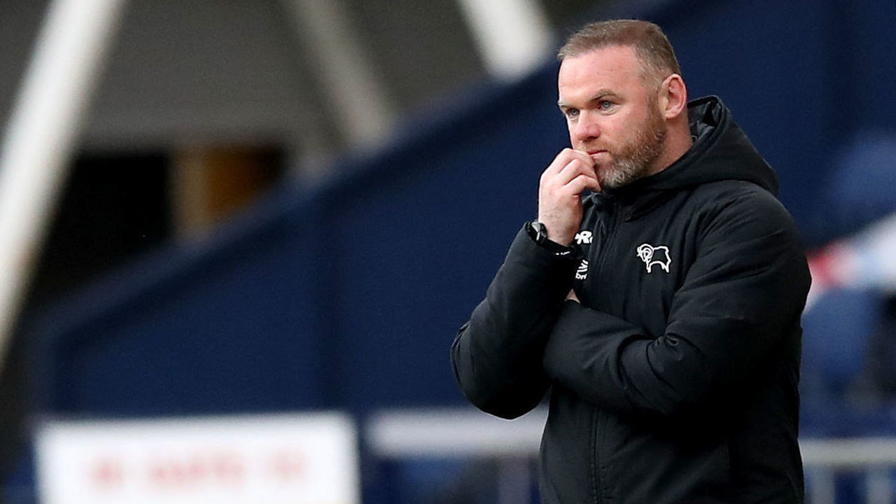 Derby County manager Wayne Rooney during the Sky Bet Championship match at Deepdale Stadium, Preston. Picture date: Tuesday April 20, 2021.