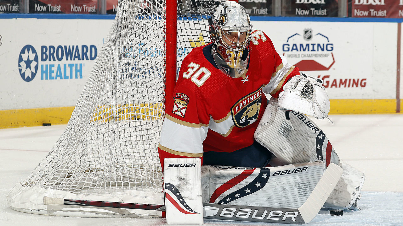 SUNRISE, FL - APRIL 19: Goaltender Spencer Knight #30 of the Florida Panthers warms up on the ice prior to the start of the game against the Columbus Blue Jackets at the BB&T Center on April 19, 2021 in Sunrise, Florida.