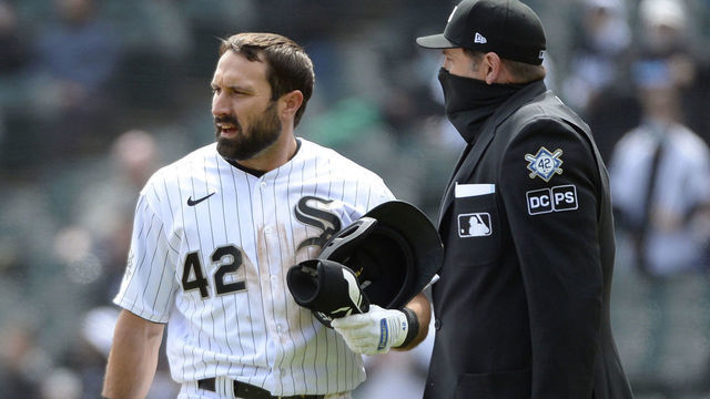 CHICAGO - APRIL 15: Adam Eaton #42 of the Chicago White Sox shows how displeasure after being called out on a force play in the first inning during the game against the Cleveland Indians as Major League Baseball celebrated Jackie Robinson Day on April 15, 2021 at Guaranteed Rate Field in Chicago, Illinois.