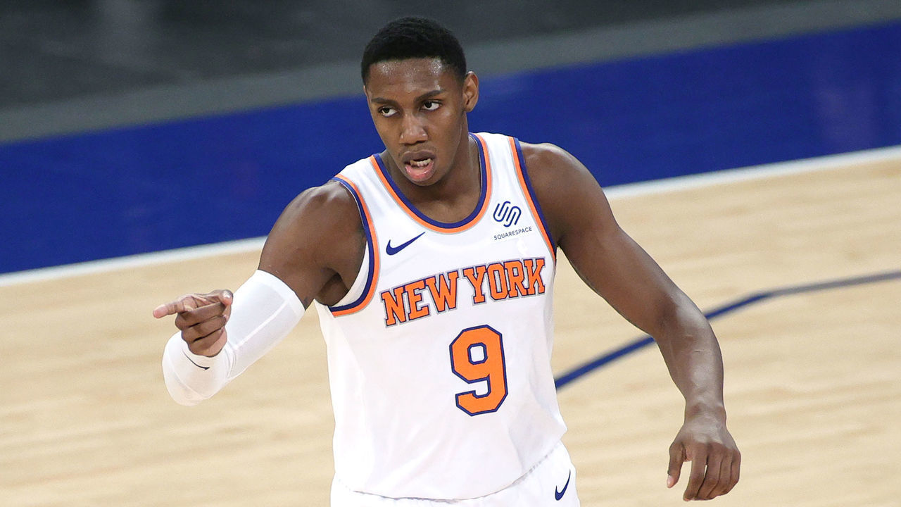 NEW YORK, NEW YORK - APRIL 20: RJ Barrett #9 of the New York Knicks reacts after scoring during the second half against the Charlotte Hornets at Madison Square Garden on April 20, 2021 in New York City.