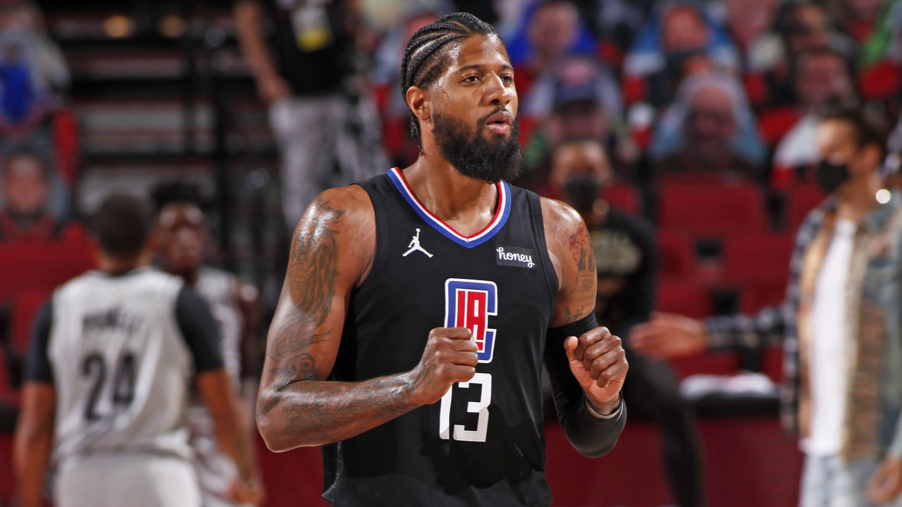 PORTLAND, OR - APRIL 20 : Paul George #13 of the LA Clippers celebrates during the game against the Portland Trail Blazers on April 20, 2021 at the Moda Center Arena in Portland, Oregon. Mandatory Copyright Notice: Copyright 2021 NBAE