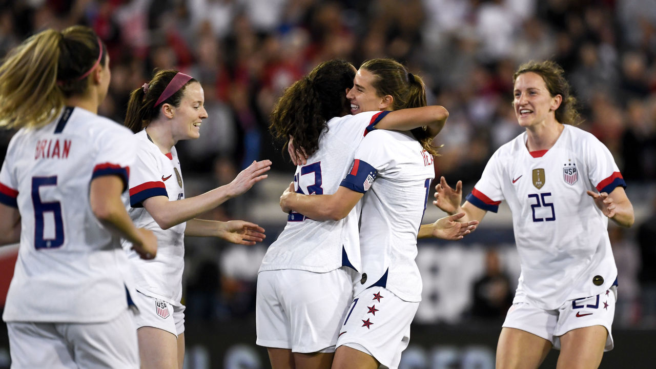 JACKSONVILLE, FLORIDA - NOVEMBER 10: Christen Press #23 of the U.S. woman's national soccer team and Tobin Heath #17 react after a goal during the second half against the Costa Rica woman's national soccer team at TIAA Bank Field on November 10,2019 in Jacksonville, Florida.