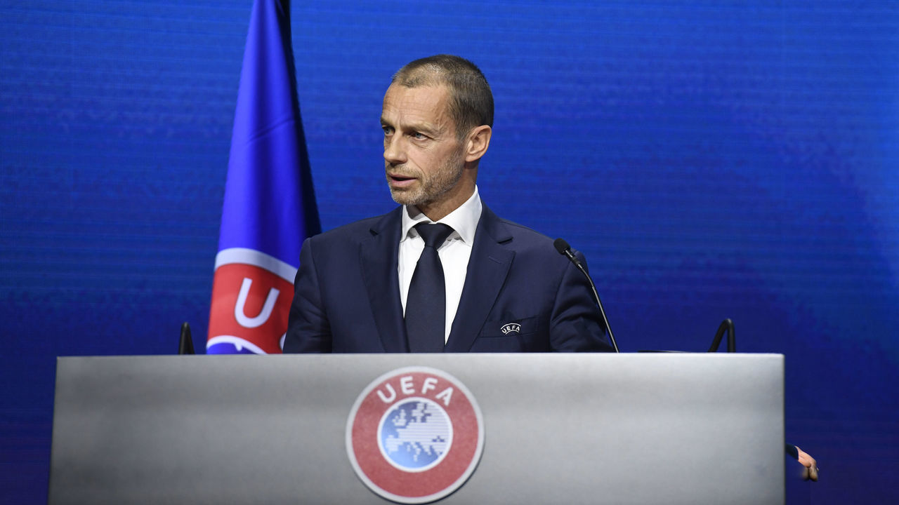 MONTREUX, SWITZERLAND - APRIL 20: UEFA President Aleksander Ceferin speaks during the 45th Ordinary UEFA Congress at 2m2c Montreux Music & Convention Centre on April 20, 2021, in Montreux, Switzerland.