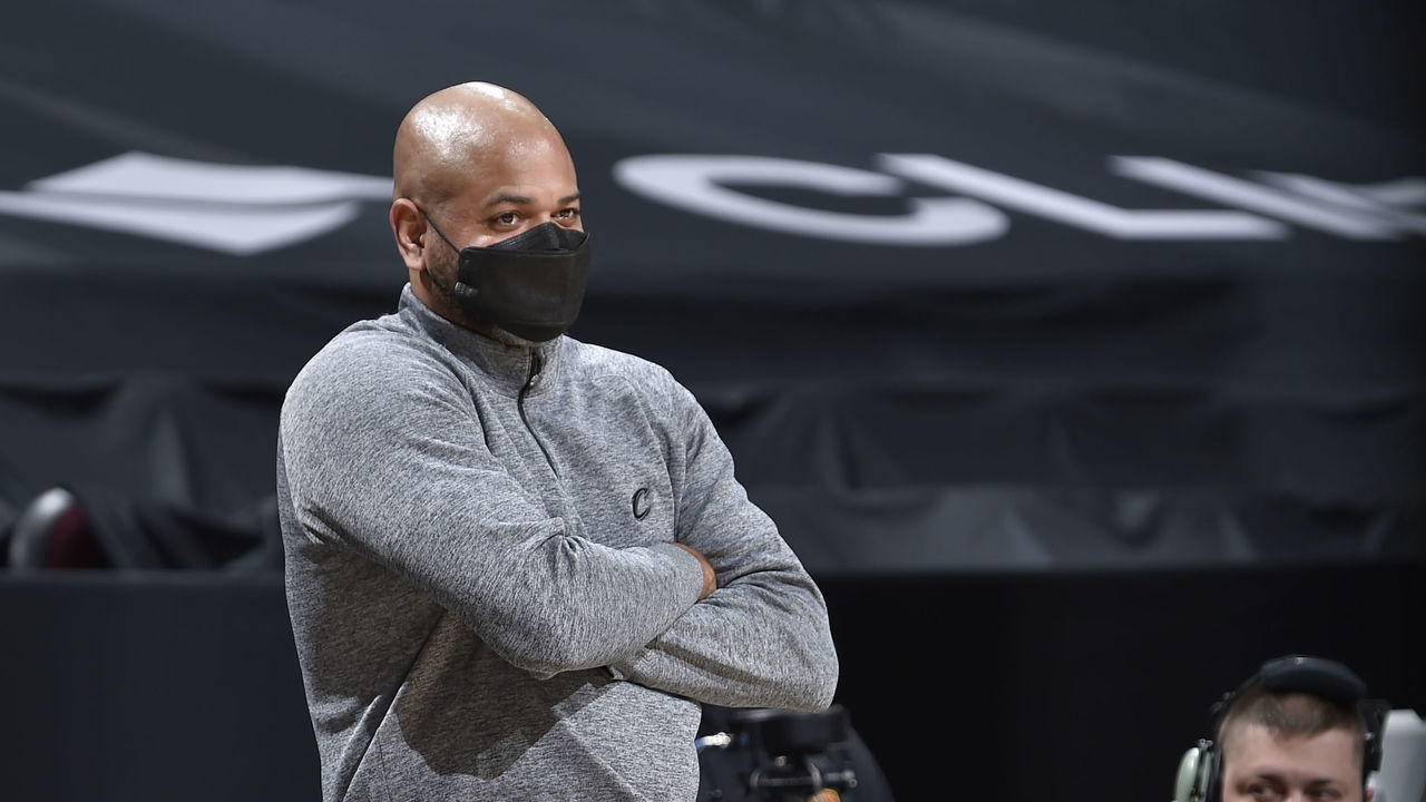 CLEVELAND, OH - MARCH 19: Head Coach John-Blair Bickerstaff of the Cleveland Cavaliers looks on during the game against the San Antonio Spurs on March 24, 2021 at Rocket Mortgage FieldHouse in Cleveland, Ohio. NOTE TO USER: User expressly acknowledges and agrees that, by downloading and/or using this Photograph, user is consenting to the terms and conditions of the Getty Images License Agreement. Mandatory Copyright Notice: Copyright 2021 NBAE