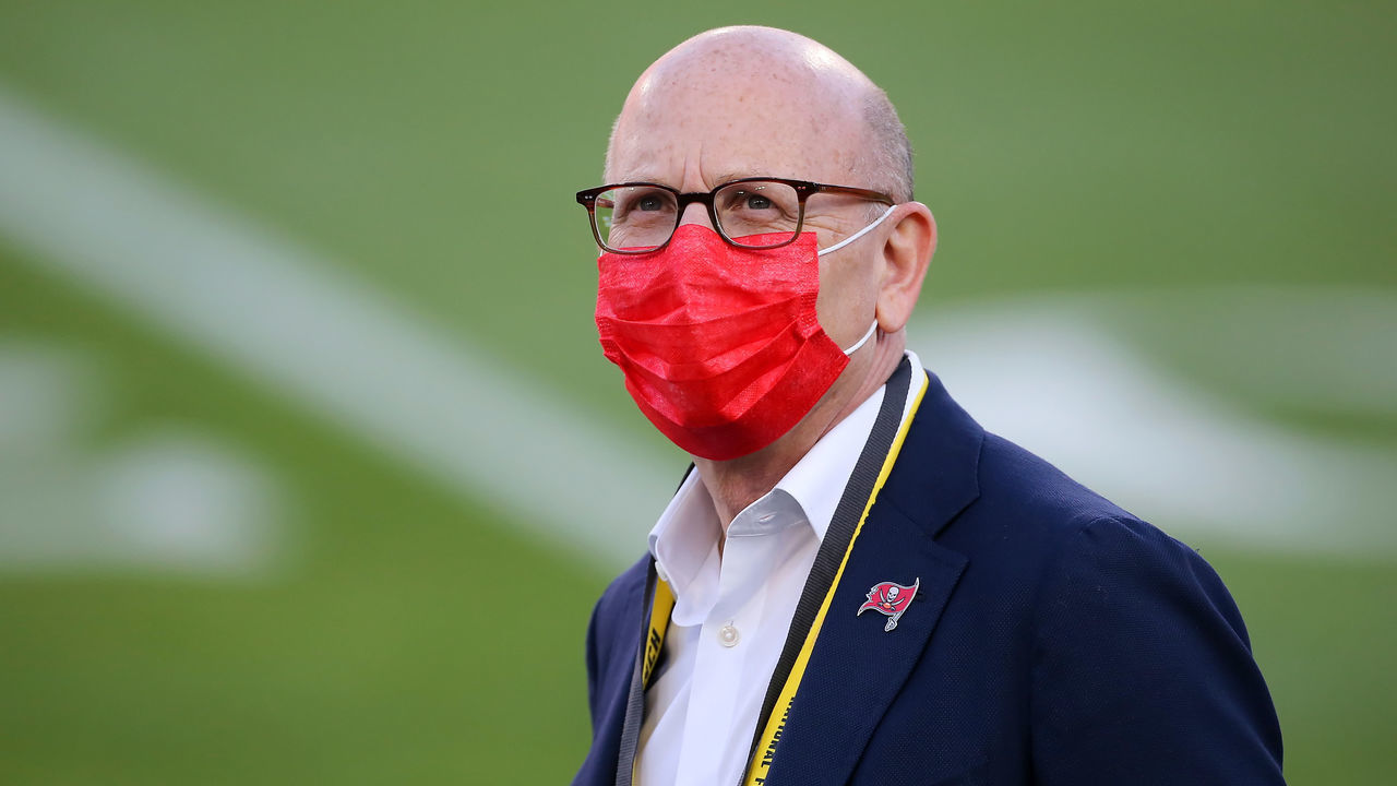TAMPA, FL - FEBRUARY 07: Owner/Co-Chairman Joel Glazer of the Tampa Bay Buccaneers looks up into the stands before the Super Bowl LV game between the Kansas City Chiefs and the Tampa Bay Buccaneers on February 7, 2021 at Raymond James Stadium, in Tampa, FL.