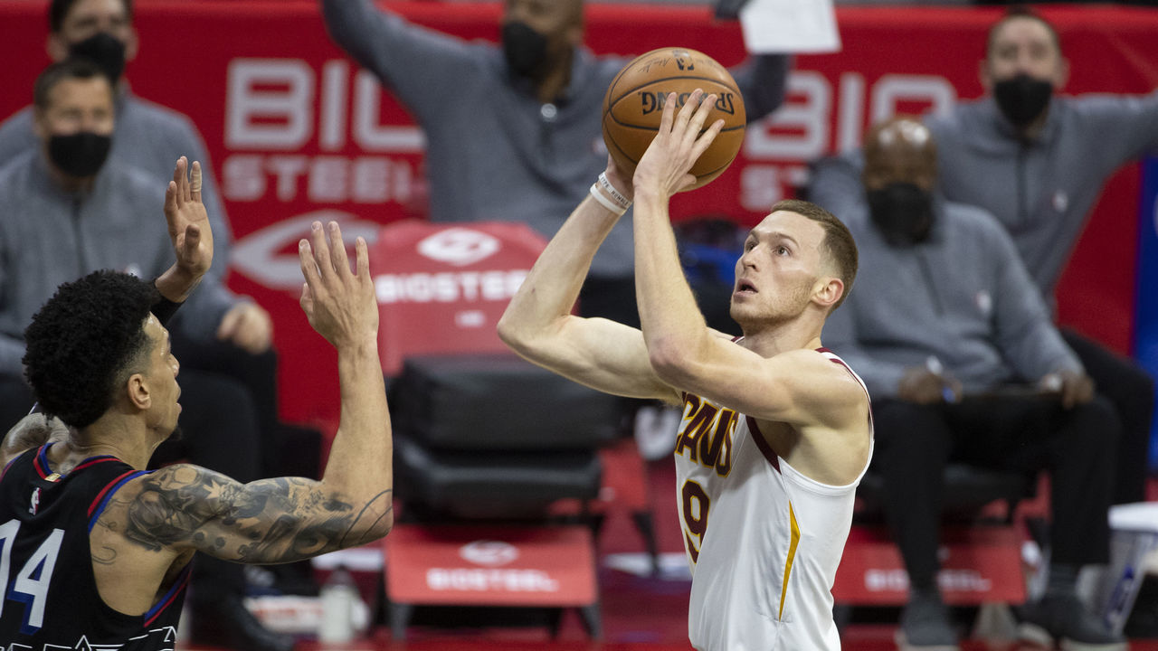 PHILADELPHIA, PA - FEBRUARY 27: Dylan Windler #9 of the Cleveland Cavaliers shoots the ball against Danny Green #14 of the Philadelphia 76ers at Wells Fargo Center on February 27, 2021 in Philadelphia, Pennsylvania.