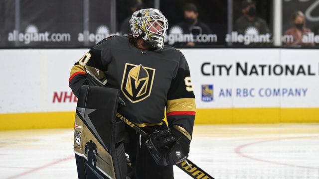 LAS VEGAS, NEVADA - APRIL 19: Robin Lehner #90 of the Vegas Golden Knights warms up prior to the start of the second period of a game against the San Jose Sharks at T-Mobile Arena on April 19, 2021 in Las Vegas, Nevada.