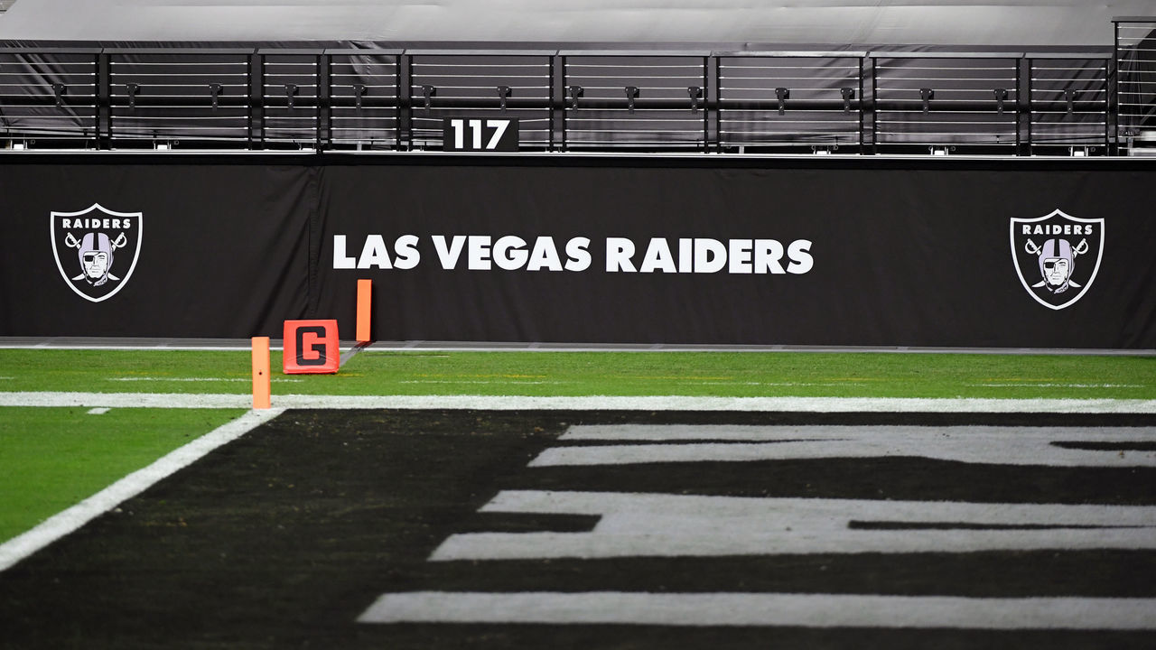 LAS VEGAS, NEVADA - DECEMBER 17: Las Vegas Raiders logos are shown on a wall before a game between the Raiders and the Los Angeles Chargers at Allegiant Stadium on December 17, 2020 in Las Vegas, Nevada. The Chargers defeated the Raiders 30-27 in overtime.