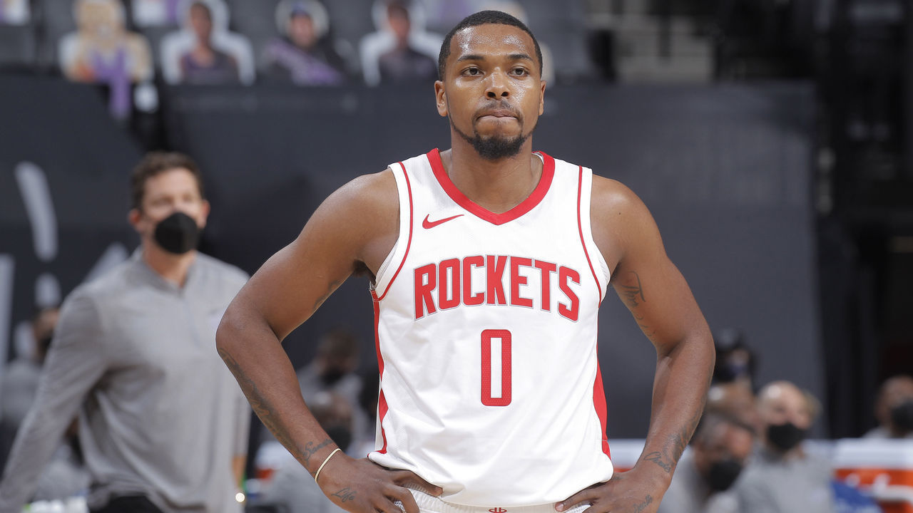SACRAMENTO, CA - MARCH 11: Sterling Brown #0 of the Houston Rockets looks on during the game against the Sacramento Kings on March 11, 2021 at Golden 1 Center in Sacramento, California. NOTE TO USER: User expressly acknowledges and agrees that, by downloading and or using this photograph, User is consenting to the terms and conditions of the Getty Images Agreement. Mandatory Copyright Notice: Copyright 2021 NBAE
