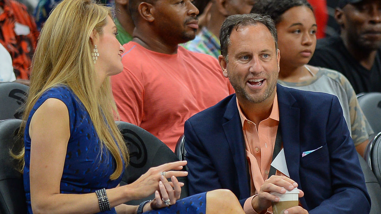 ATLANTA, GA JULY 12: Atlanta Dream General Manager Chris Sienko (right) talks with owner Kelly Loeffler (left) during the WNBA game between the Minnesota Lynx and the Atlanta Dream on July 12th, 2019 at State Farm Arena in Atlanta, GA.
