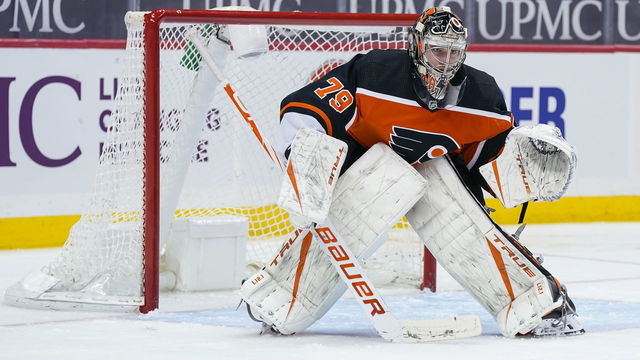 PITTSBURGH, PA - APRIL 15: Philadelphia Flyers Goalie Carter Hart (79) tends net during the second period in the NHL game between the Pittsburgh Penguins and the Philadelphia Flyers on April 15, 2021, at PPG Paints Arena in Pittsburgh, PA.