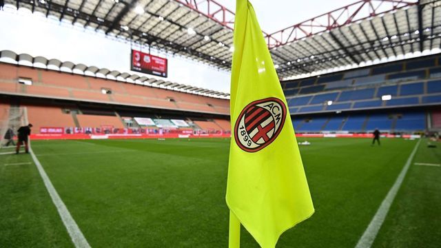 The logo of AC Milan is pictured on a corner flag prior to the Italian Serie A football match AC Milan vs Sassuolo on April 21, 2021 at the San Siro stadium in Milan. - The two Milan giants and Atletico Madrid followed all six English Premier League clubs in pulling out of the European Super League on April 21, 2021, dealing a fatal blow to the project.