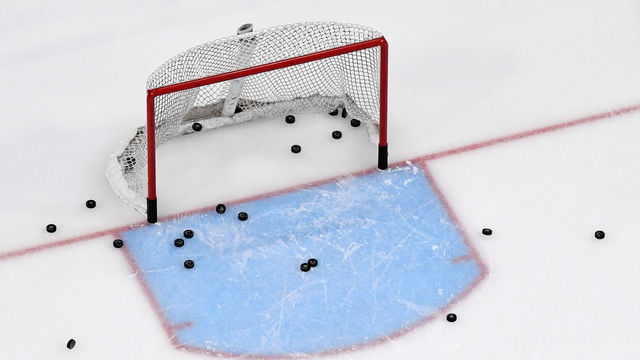 LAS VEGAS, NEVADA - MARCH 01: Pucks are shown in and around a net during warmups before a game between the Los Angeles Kings and the Vegas Golden Knights at T-Mobile Arena on March 1, 2020 in Las Vegas, Nevada.