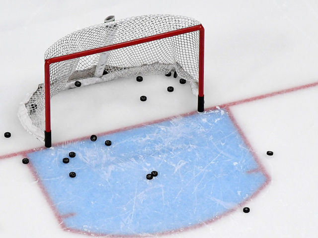 LAS VEGAS, NEVADA - MARCH 01: Pucks are shown in and around a net during warmups before a game between the Los Angeles Kings and the Vegas Golden Knights at T-Mobile Arena on March 1, 2020 in Las Vegas, Nevada.
