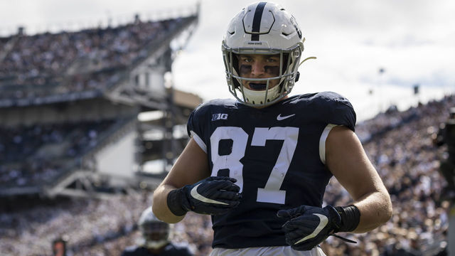 STATE COLLEGE, PA - OCTOBER 05: Pat Freiermuth #87 of the Penn State Nittany Lions celebrates after scoring a touchdown against the Purdue Boilermakers during the first half at Beaver Stadium on October 5, 2019 in State College, Pennsylvania.