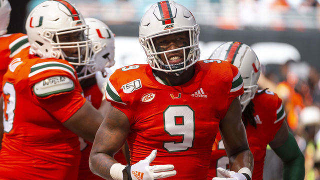 MIAMI GARDENS, FL - SEPTEMBER 14: Miami Hurricanes tight end Brevin Jordan (9) during the college football game between the Bethune-Cookman Wildcats and the University of Miami Hurricanes on September 14, 2019 at the Hard Rock Stadium in Miami Gardens, Florida.
