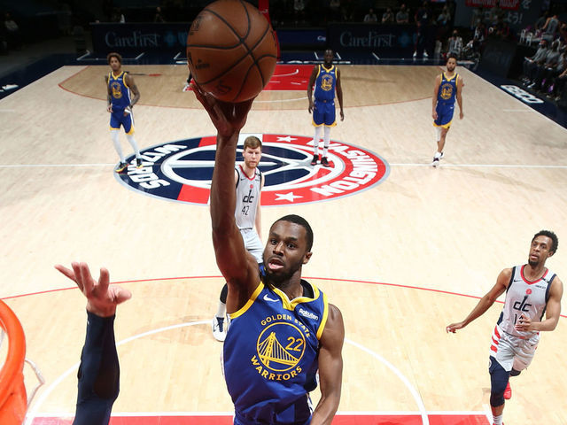 WASHINGTON, DC - APRIL 21: Andrew Wiggins #22 of the Golden State Warriors shoots the ball during the game against the Washington Wizards on April 21, 2021 at Capital One Arena in Washington, DC. Mandatory Copyright Notice: Copyright 2021 NBAE