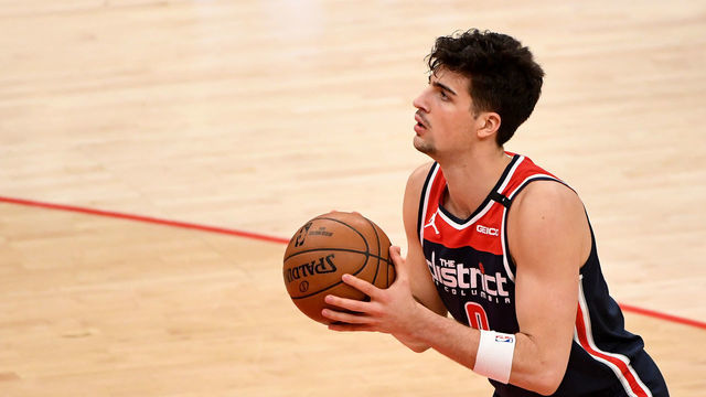 WASHINGTON, DC - APRIL 19: Deni Avdija #9 of the Washington Wizards shoots against the Oklahoma City Thunder during the first half at Capital One Arena on April 19, 2021 in Washington, DC.