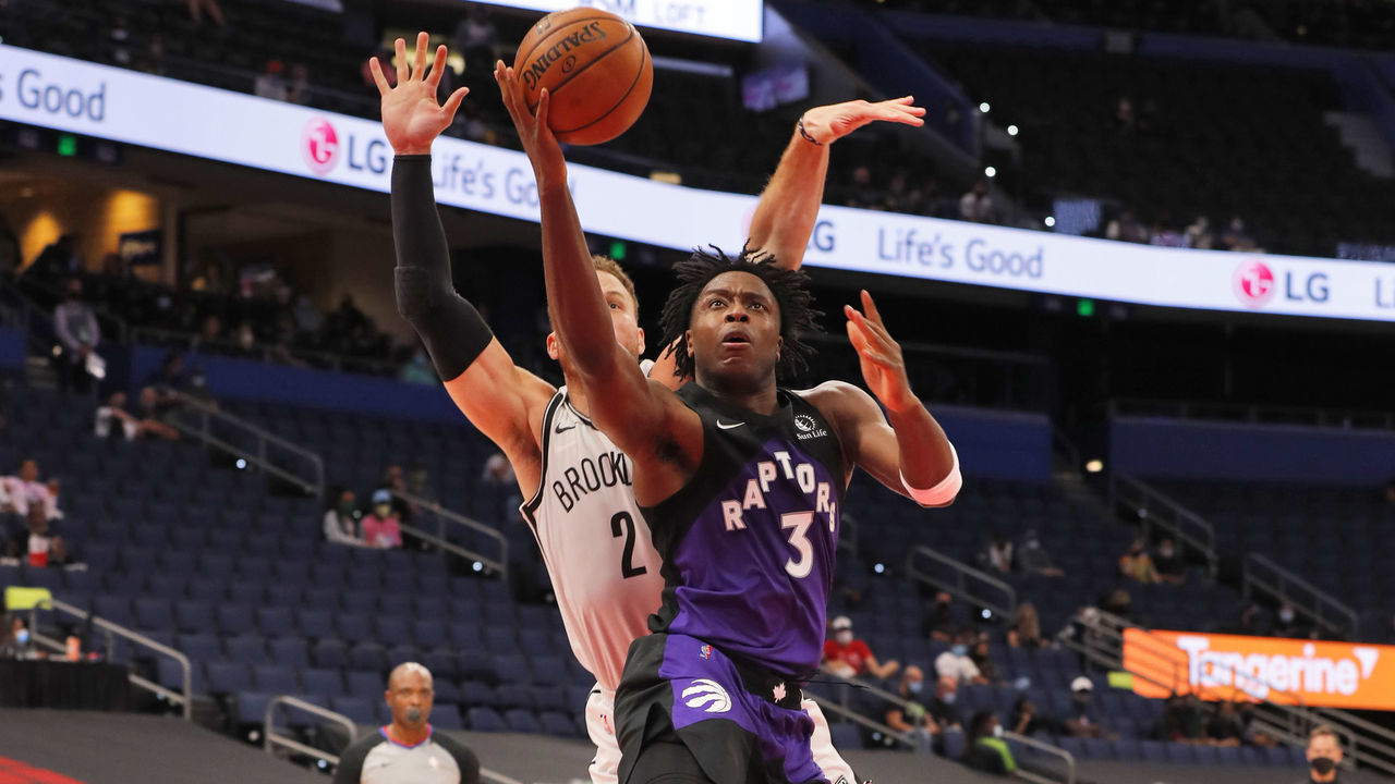 TAMPA, FL- APRIL 21: OG Anunoby #3 of the Toronto Raptors drives to the basket against the Brooklyn Nets on April 21, 2021 at Amalie Arena in Tampa, Florida. Mandatory Copyright Notice: Copyright 2021 NBAE