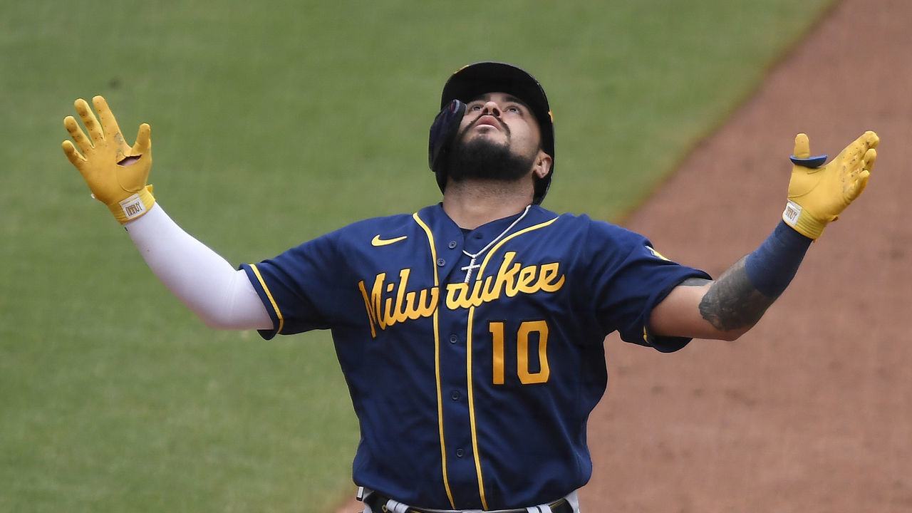 SAN DIEGO, CA - APRIL 21: Omar Narvaez #10 of the Milwaukee Brewers celebrates after hitting a two-run home run during the sixth inning of a baseball game against the San Diego Padres at Petco Park on April 21, 2021 in San Diego, California.
