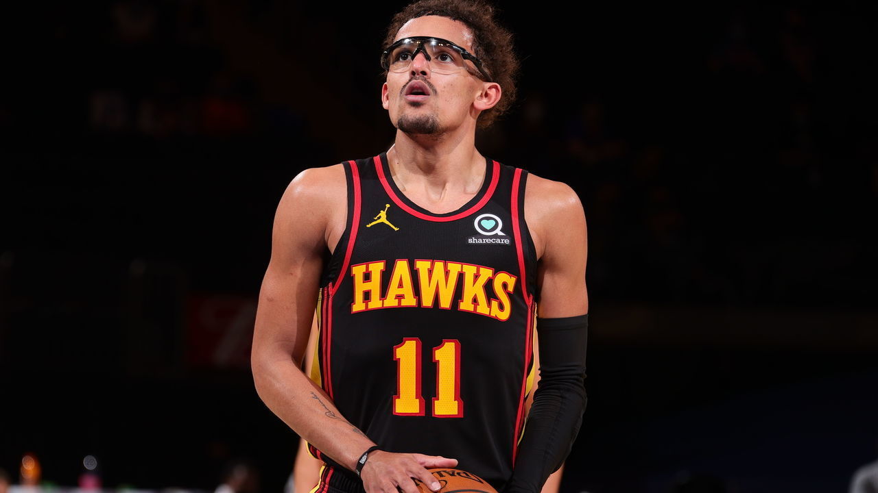 NEW YORK, NY - APRIL 21: Trae Young #11 of the Atlanta Hawks looks on during the game against the New York Knicks on April 21, 2021 at Madison Square Garden in New York City, New York. Mandatory Copyright Notice: Copyright 2021 NBAE