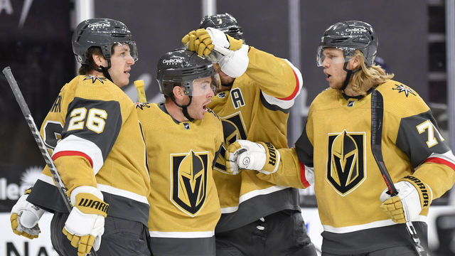LAS VEGAS, NEVADA - APRIL 21: Jonathan Marchessault #81 of the Vegas Golden Knights celebrates after scoring a goal during the first period of a game against the San Jose Sharks at T-Mobile Arena on April 21, 2021 in Las Vegas, Nevada.