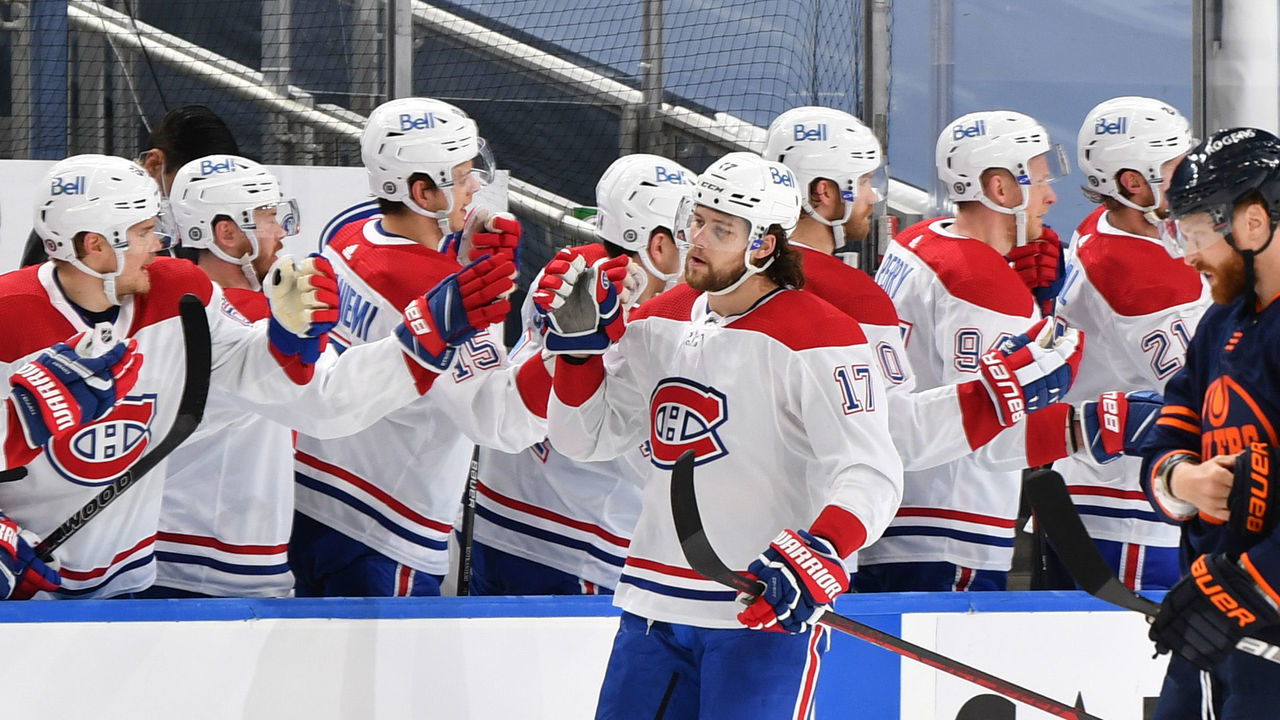 EDMONTON, AB - APRIL 21: Josh Anderson #17 of the Montreal Canadiens celebrates after a goal during the game against the Edmonton Oilers on April 21, 2021 at Rogers Place in Edmonton, Alberta, Canada.