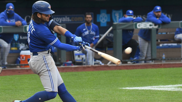 KANSAS CITY, MO - APRIL 17: Toronto Blue Jays shortstop Bo Bichette (11) at bat during a Major League Baseball game between the Toronto Blue Jays and the Kansas City Royals on April 17, 2021, at Kauffman Stadium, Kansas City, Mo. ,