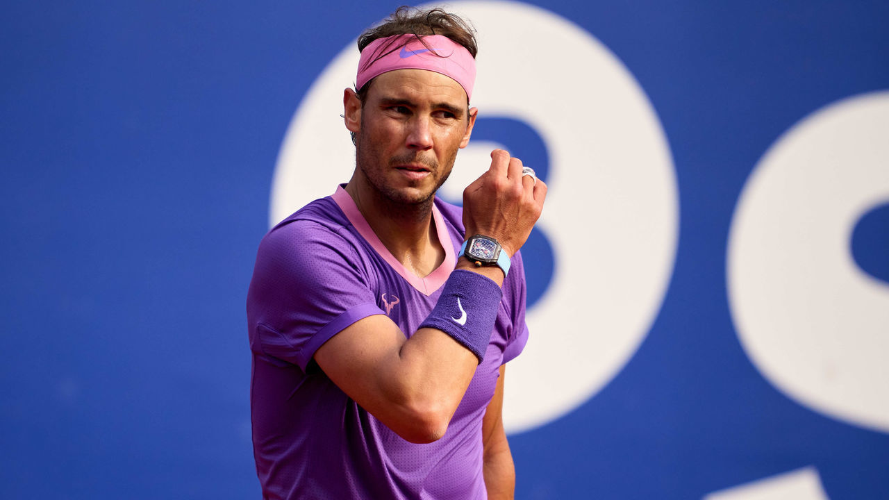 BARCELONA, SPAIN - APRIL 22: Rafael Nadal of Spain reacts in his third round match against Kei Nishikori of Japan during day four of the Barcelona Open Banc Sabadell 2021 at Real Club de Tenis Barcelona on April 22, 2021 in Barcelona, Spain.