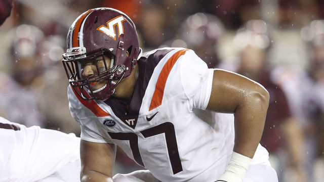 TALLAHASSEE, FL - SEPTEMBER 03: Christian Darrisaw #77 of the Virginia Tech Hokies in action during the game against the Florida State Seminoles at Doak Campbell Stadium on September 3, 2018 in Tallahassee, Florida. Virginia Tech won 24-3.