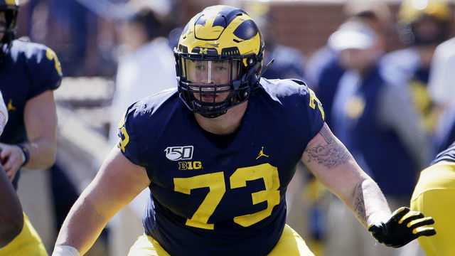 ANN ARBOR, MI - SEPTEMBER 07: Offensive lineman Jalen Mayfield #73 of the Michigan Wolverines on the offensive line against the Army Black Knights during the second half at Michigan Stadium on September 7, 2019 in Ann Arbor, Michigan.