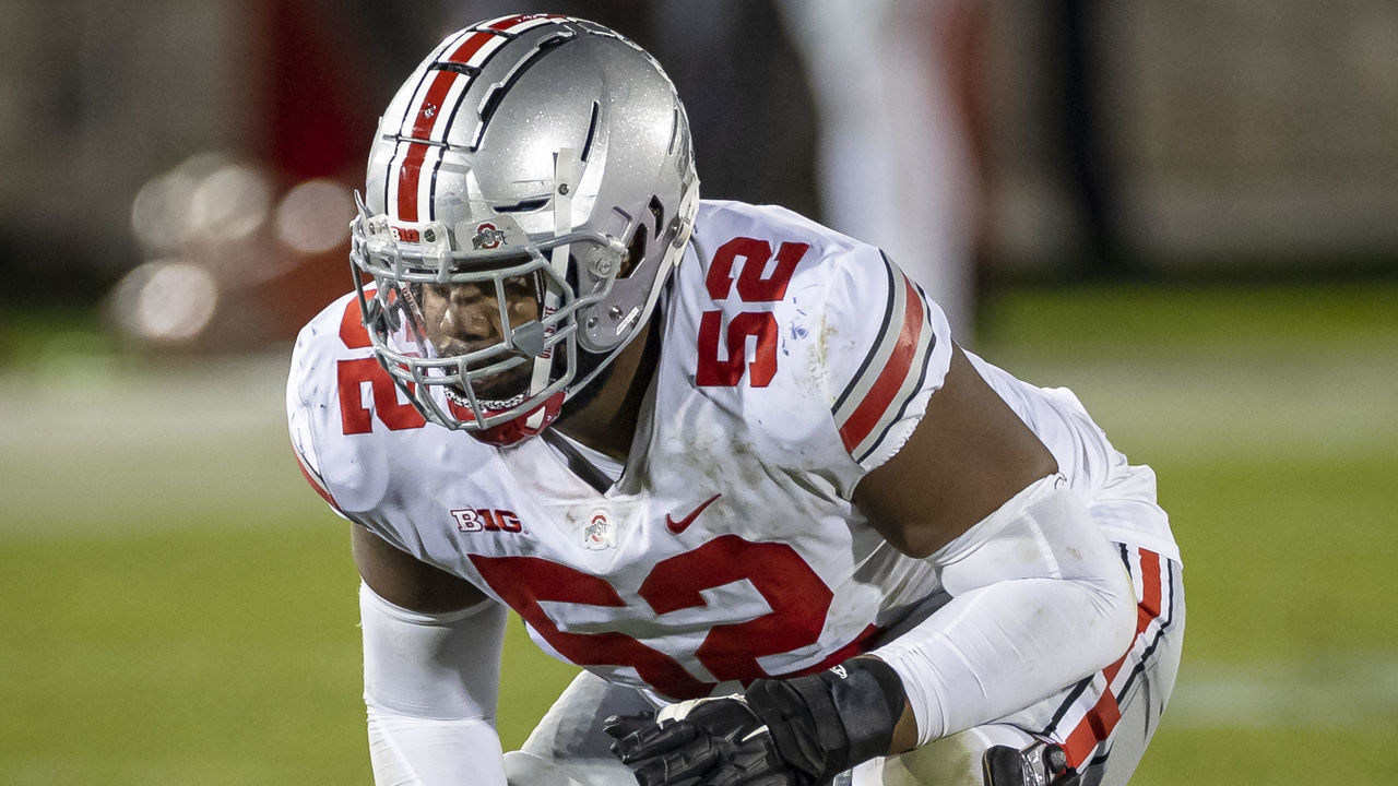 STATE COLLEGE, PA - OCTOBER 31: Wyatt Davis #52 of the Ohio State Buckeyes lines up against the Penn State Nittany Lions during the second half at Beaver Stadium on October 31, 2020 in State College, Pennsylvania.