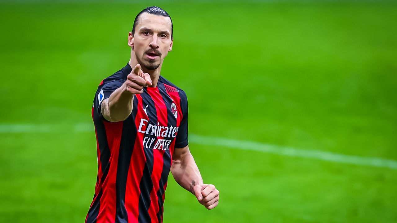 MILAN, ITALY - 2021/02/07: Zlatan Ibrahimovic of AC Milan celebrates after scoring a goal during the Serie A 2020/21 football match between AC Milan and FC Crotone at the San Siro Stadium. (Final score; AC Milan 4:0 FC Crotone).