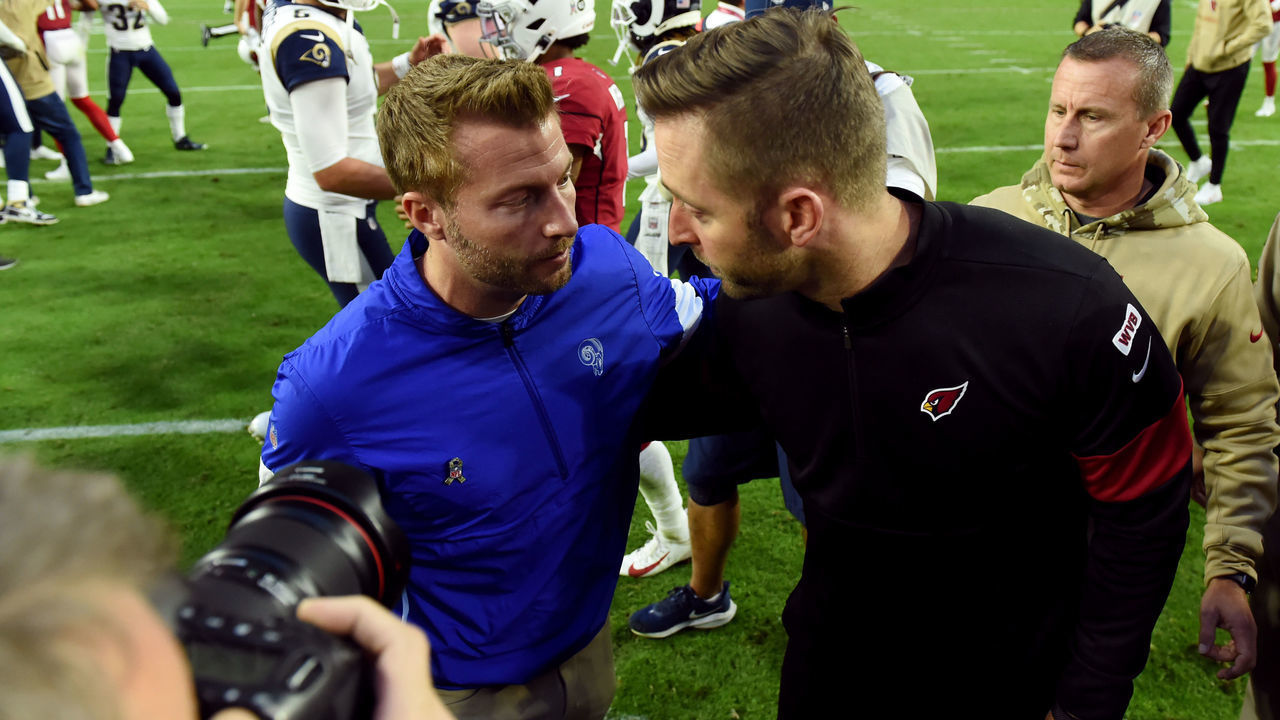 GLENDALE, ARIZONA - DECEMBER 01: Head coach Kliff Kingsbury of the Arizona Cardinals shakes hands with head coach Sean McVay of the Los Angeles Rams after the end of the game at State Farm Stadium on December 01, 2019 in Glendale, Arizona. Rams won 34-7.