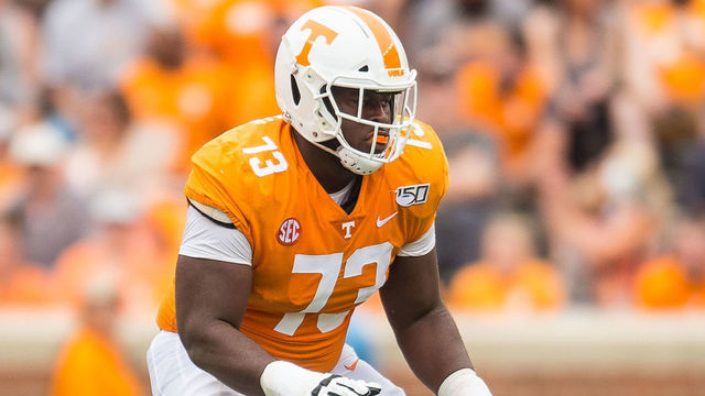 KNOXVILLE, TN - SEPTEMBER 14: Tennessee Volunteers offensive lineman Trey Smith (73) blocking during a college football game between the Tennessee Volunteers and Chattanooga Mocs on September 14, 2019, at Neyland Stadium in Knoxville, TN.