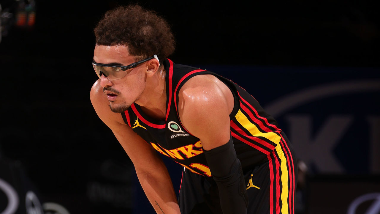 NEW YORK, NY - APRIL 21: Trae Young #11 of the Atlanta Hawks looks on during the game against the New York Knicks on April 21, 2021 at Madison Square Garden in New York City, New York. Mandatory Copyright Notice: Copyright 2021 NBAE